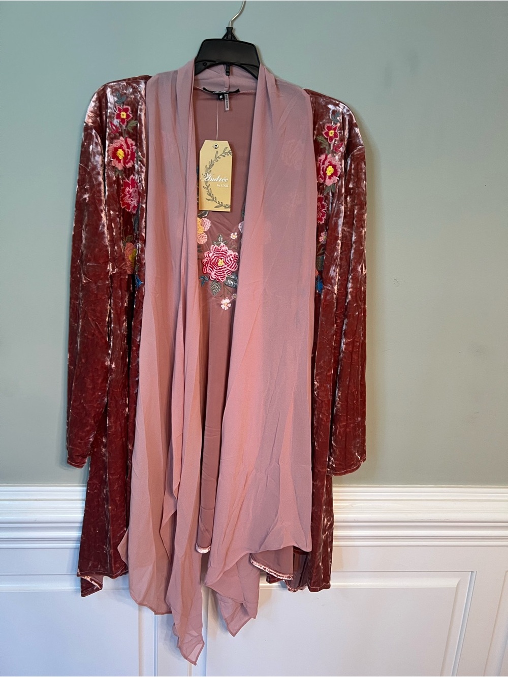 Embroidered Velvet & Chiffon Draped Cardigan - Pink